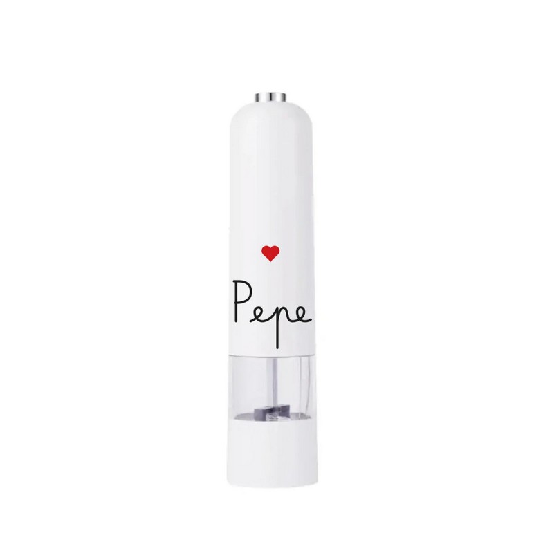 Macina pepe elettrico bianco decorato con cuore e scritta “Pepe”